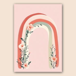 Affiche arc-en-ciel pastel avec fleurs et feuillages dans un style minimaliste doux sur fond rose