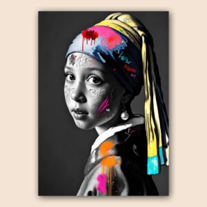 Affiche portrait street art avec femme au turban, boucle d’oreille en perle, visage noir et blanc et graffiti coloré.