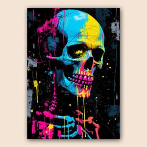 Affiche tête de mort graffiti bleu jaune et rose sur fond noir.