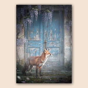 Renard roux devant une porte bleue patinée, sous des fleurs suspendues mauves, dans un décor ancien.