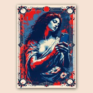 Portrait féminin pop art avec smartphone, cheveux longs, couleurs rouge et bleu, fleurs et cadre ornemental.