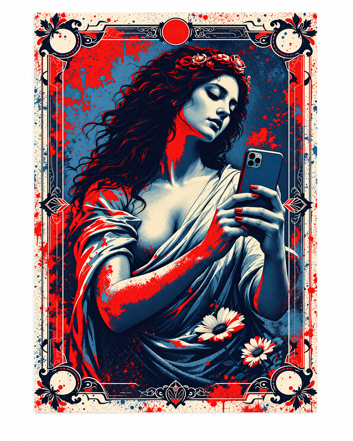 Portrait féminin pop art avec smartphone, cheveux longs, couleurs rouge et bleu, fleurs et cadre ornemental.