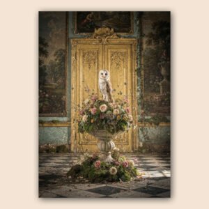 Affiche chouette florale avec chouette blanche perchée sur un vase de fleurs, devant des portes dorées dans un intérieur ancien.