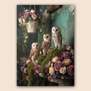 Affiche avec trois chouettes posées sur mousse et fleurs devant un mur vert vieilli avec suspension florale