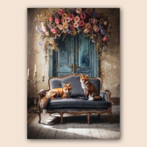Affiche renards vintage avec deux renards sur un canapé ancien, devant une porte bleue patinée et une composition florale.