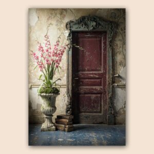 Affiche porte vintage avec porte rouge patinée, vase de fleurs roses, livres au sol et mur ancien fissuré.