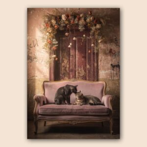 Deux chats sur un canapé rose vintage devant une porte patinée, sous une composition de fleurs suspendues.