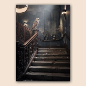 Affiche chouette perchée sur la rampe d’un escalier ancien en bois sculpté, avec marches fissurées et murs sombres