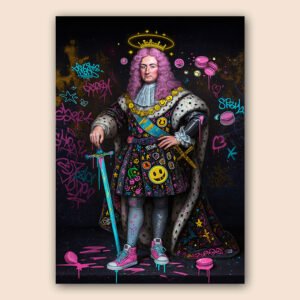 Roi baroque revisité en street art avec perruque rose, couronne lumineuse, manteau royal, baskets, graffitis fluo et smileys.
