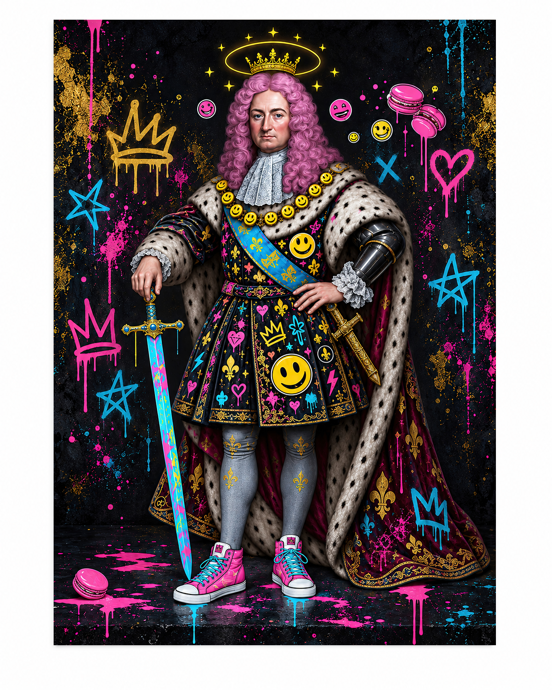 Roi baroque revisité en street art avec perruque rose, couronne lumineuse, manteau royal, baskets, graffitis fluo et smileys.