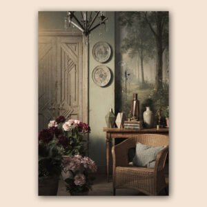 Affiche d’intérieur vintage avec fauteuil en rotin, console en bois, fleurs bordeaux, assiettes murales et décor forestier