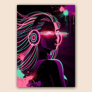 Affiche cyberpunk d’une femme au casque audio avec viseur néon rose, cheveux turquoise et fond sombre graffiti