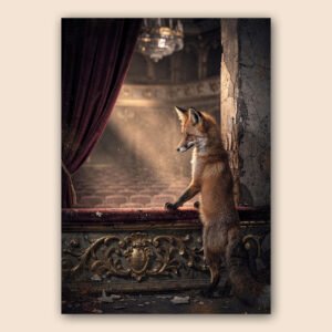 Affiche renard roux dans un théâtre abandonné, près d’un rideau bordeaux, avec décor ancien fissuré et lumière dorée