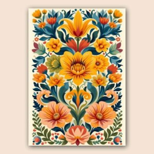 Affiche florale folk avec fleurs jaunes et orange, feuillages bleus et verts, composition symétrique sur fond clair.