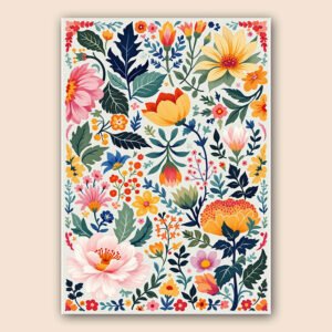 Affiche florale folk avec fleurs roses, jaunes et orange, feuillages verts et bleu foncé sur fond clair.