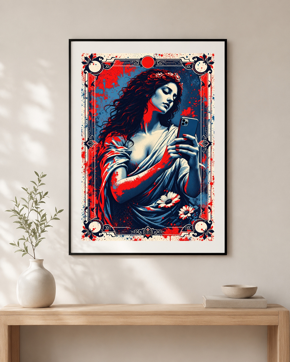 Affiche pop art d’une femme au smartphone accrochée dans un salon bleu nuit avec fauteuil rouge, lampe dorée et console sombre.