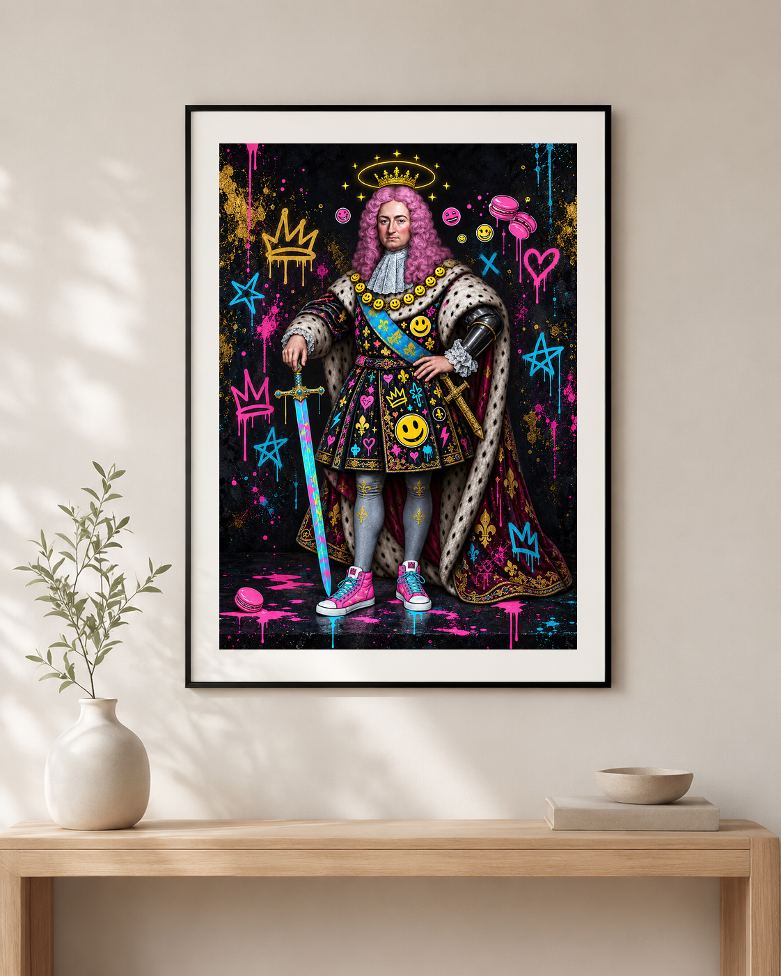 Affiche d’un roi baroque street art avec perruque rose, graffitis fluo et couronne lumineuse, accrochée dans un intérieur sombre avec néon rose.