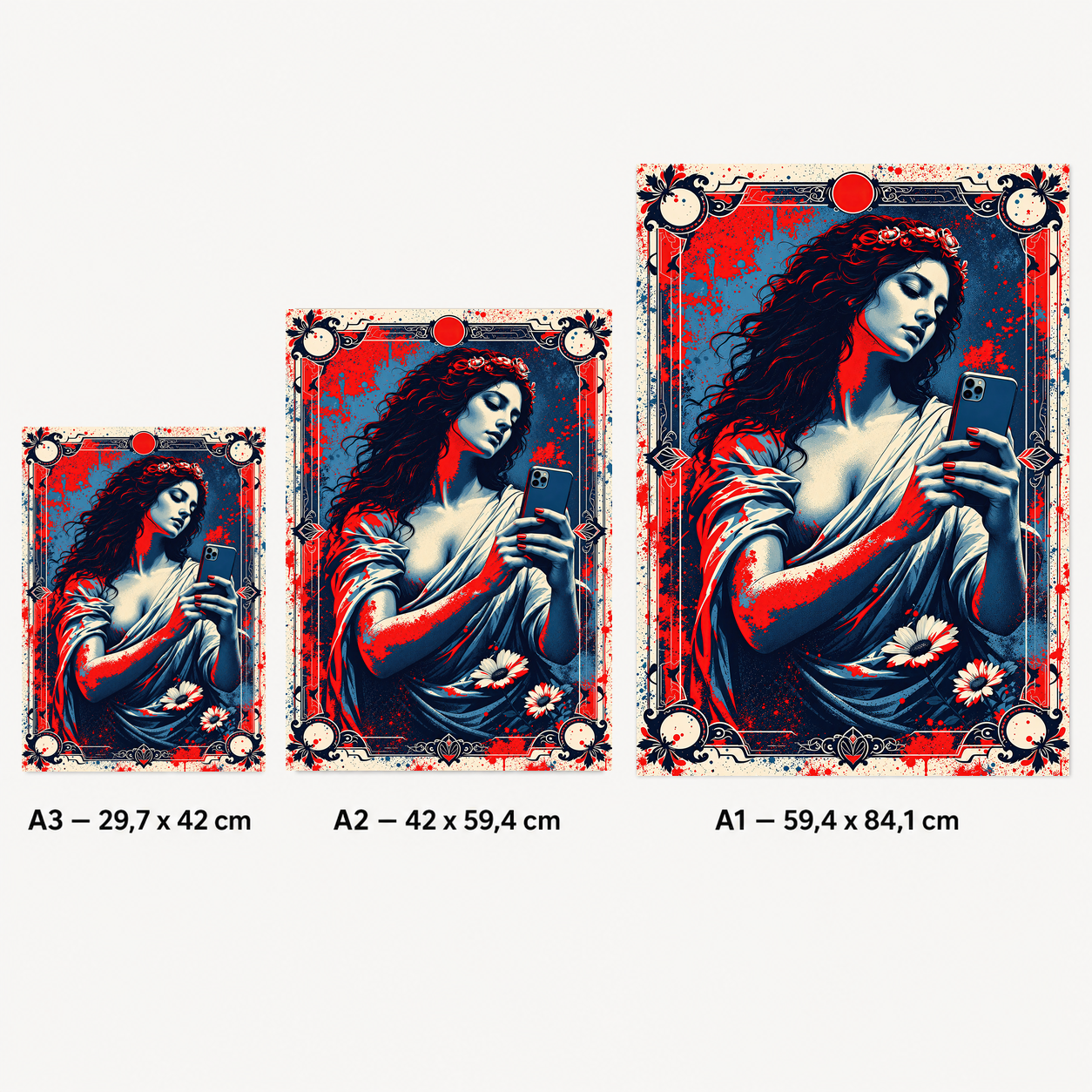 Gros plan sur une affiche pop art de femme au smartphone avec couleurs rouge et bleu, fleurs et cadre ornemental.