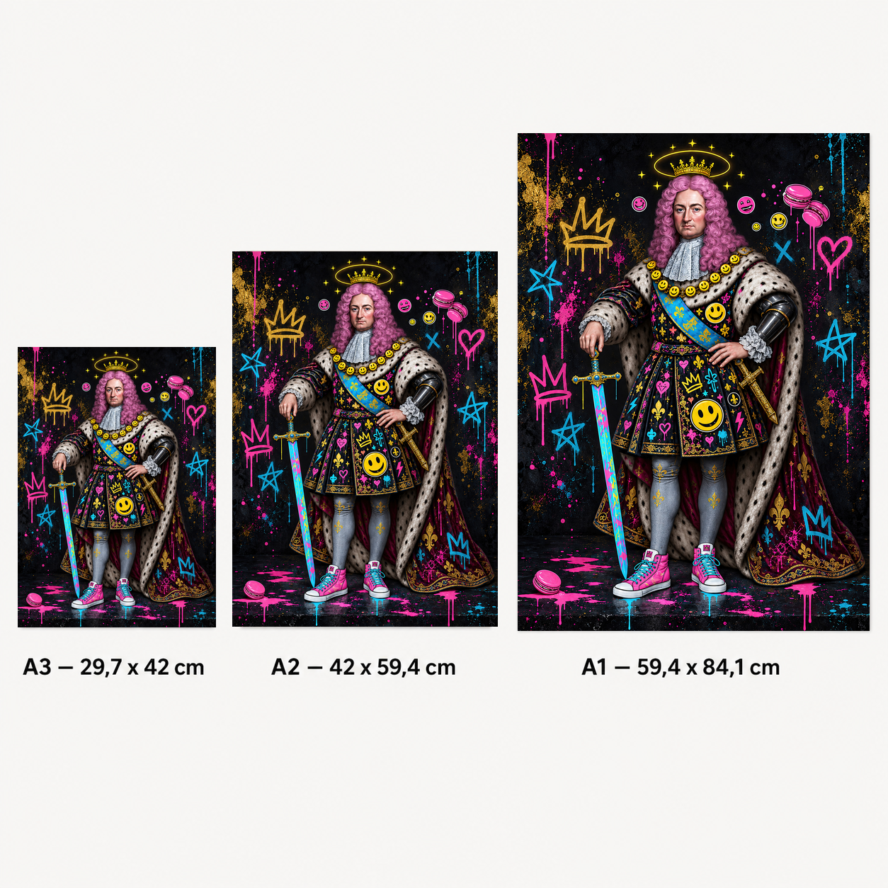 Gros plan sur une affiche de roi baroque street art avec épée bleue, manteau royal, graffitis, smiley jaune et baskets roses.
