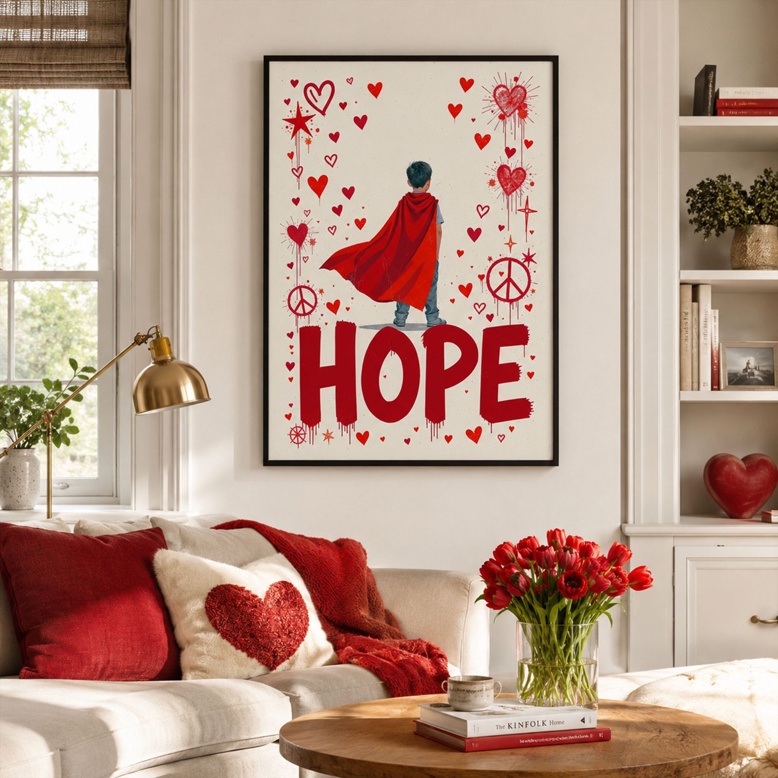 Affiche HOPE avec enfant en cape rouge, cœurs et symboles de paix, accrochée dans un salon lumineux avec canapé blanc et décoration rouge.