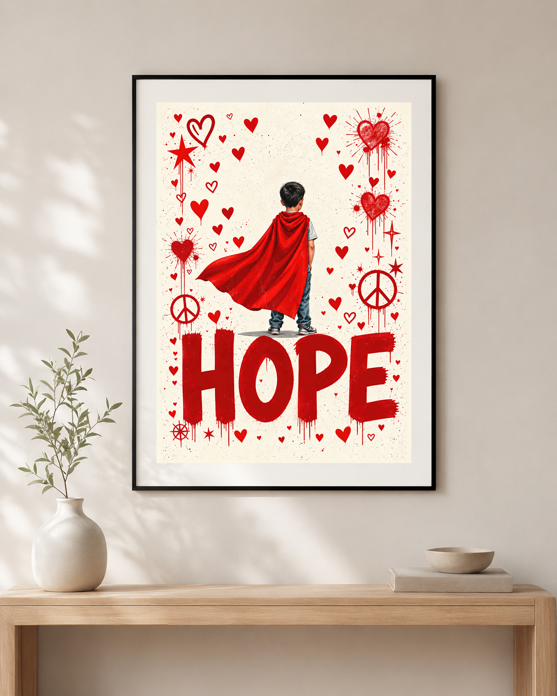 Affiche HOPE avec enfant en cape rouge, cœurs et symboles de paix, accrochée dans un salon lumineux avec canapé blanc et décoration rouge.