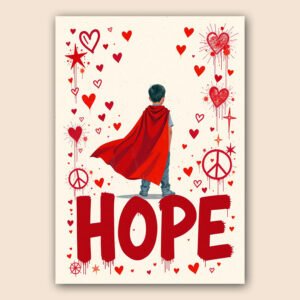 Affiche HOPE avec un enfant portant une cape rouge de super-héros, entouré de cœurs rouges, étoiles et symboles de paix.