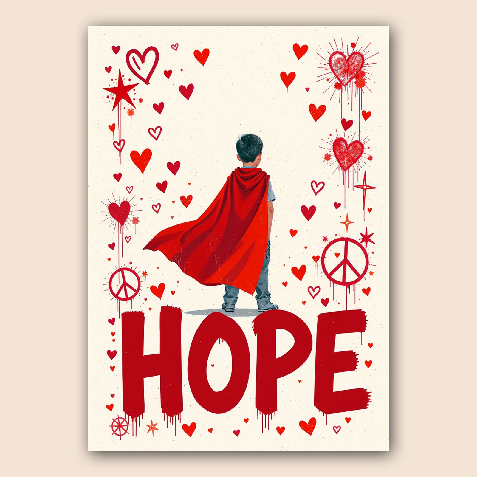 Affiche HOPE avec un enfant portant une cape rouge de super-héros, entouré de cœurs rouges, étoiles et symboles de paix.
