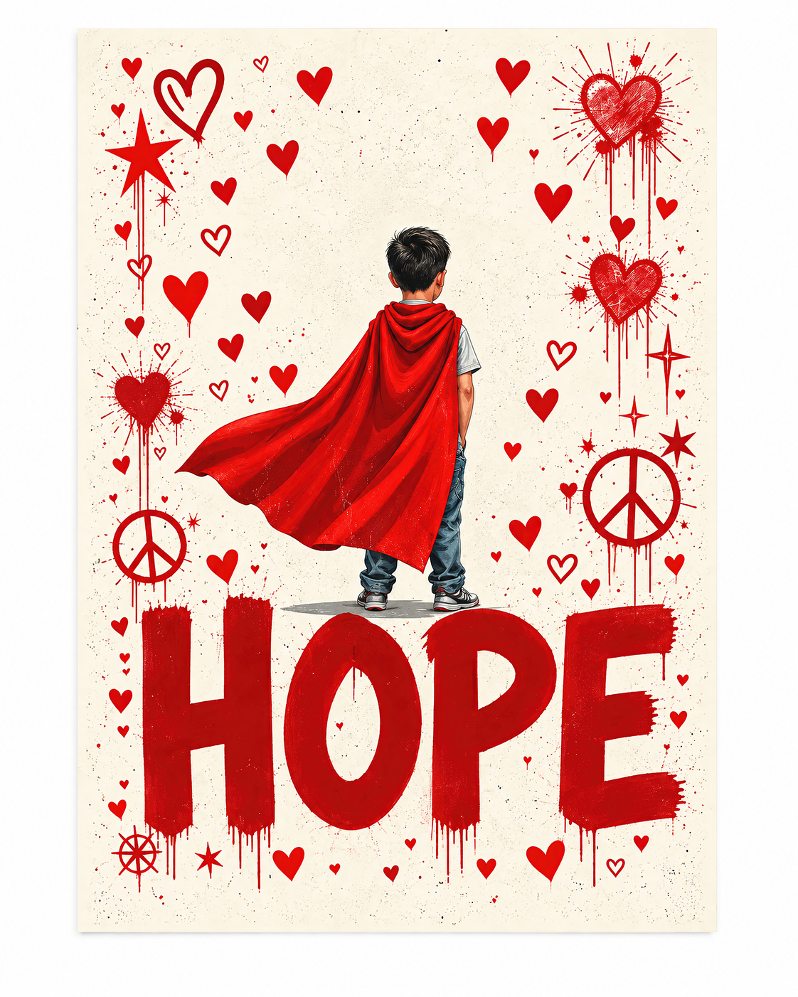 Affiche HOPE avec un enfant portant une cape rouge de super-héros, entouré de cœurs rouges, étoiles et symboles de paix.