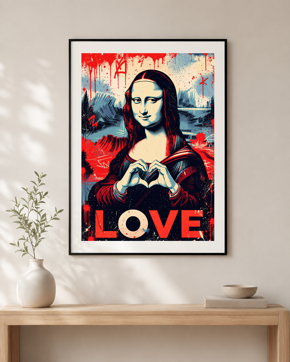 Affiche Joconde LOVE en style street art accrochée dans un bureau contemporain sombre avec lampe, ordinateur et plante verte.