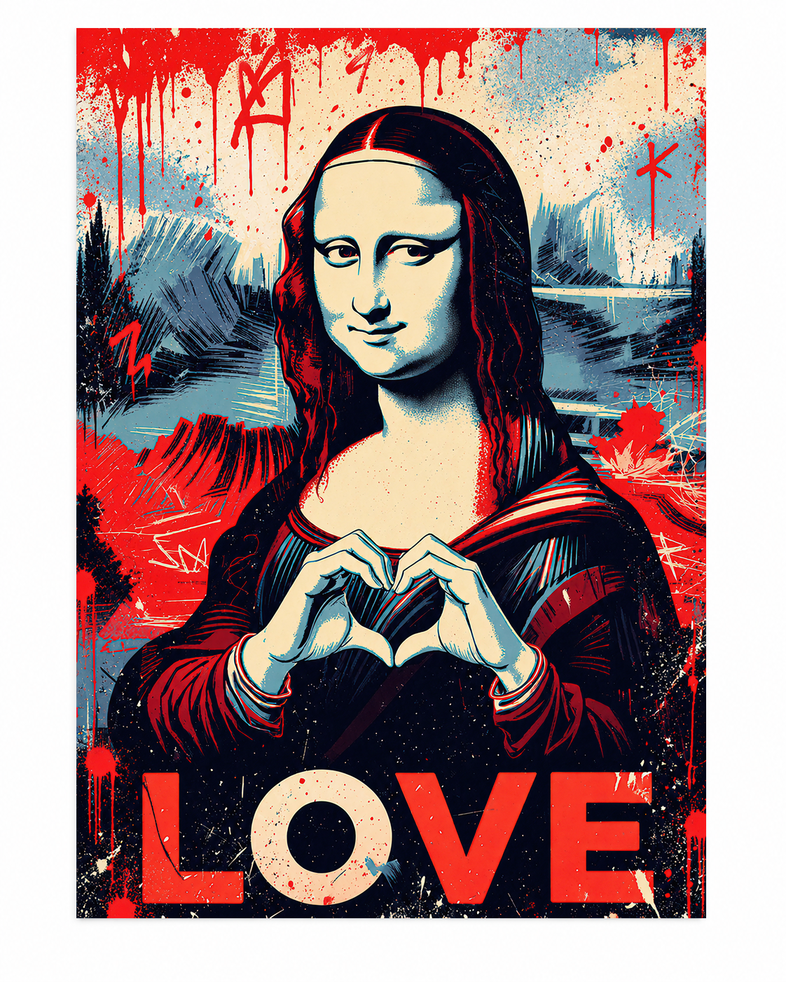 Affiche street art inspirée de La Joconde avec mains en forme de cœur, mot LOVE en rouge et fond graffiti bleu et rouge.