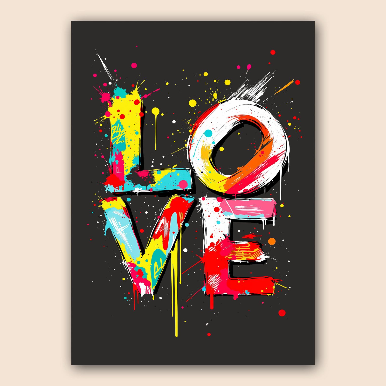 Affiche pop art avec le mot LOVE en grandes lettres colorées, éclats de peinture vive et fond noir.