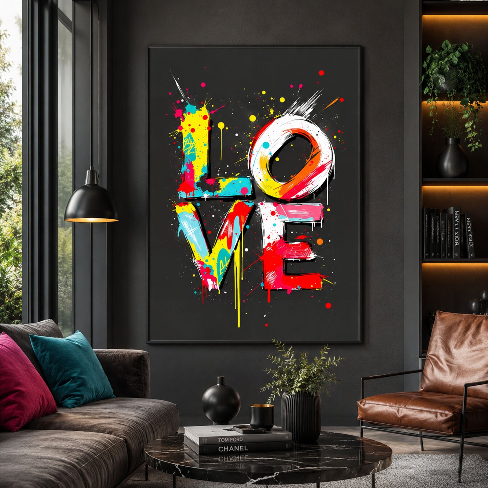 Affiche LOVE pop art accrochée dans un salon contemporain avec canapé gris, coussins colorés, fauteuil en cuir et bibliothèque éclairée.