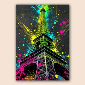 Affiche street art de la Tour Eiffel en contre-plongée avec éclaboussures fluo jaunes, roses, vertes et turquoise sur fond sombre.