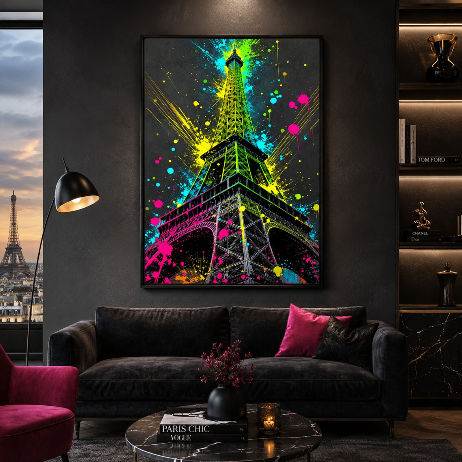 Affiche street art de la Tour Eiffel avec éclaboussures fluo, accrochée dans un salon sombre contemporain avec canapé noir et vue sur Paris.