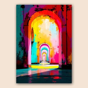 Affiche graphique avec des arches colorées en perspective, dans un couloir pop art aux tons rose, rouge, jaune et turquoise.