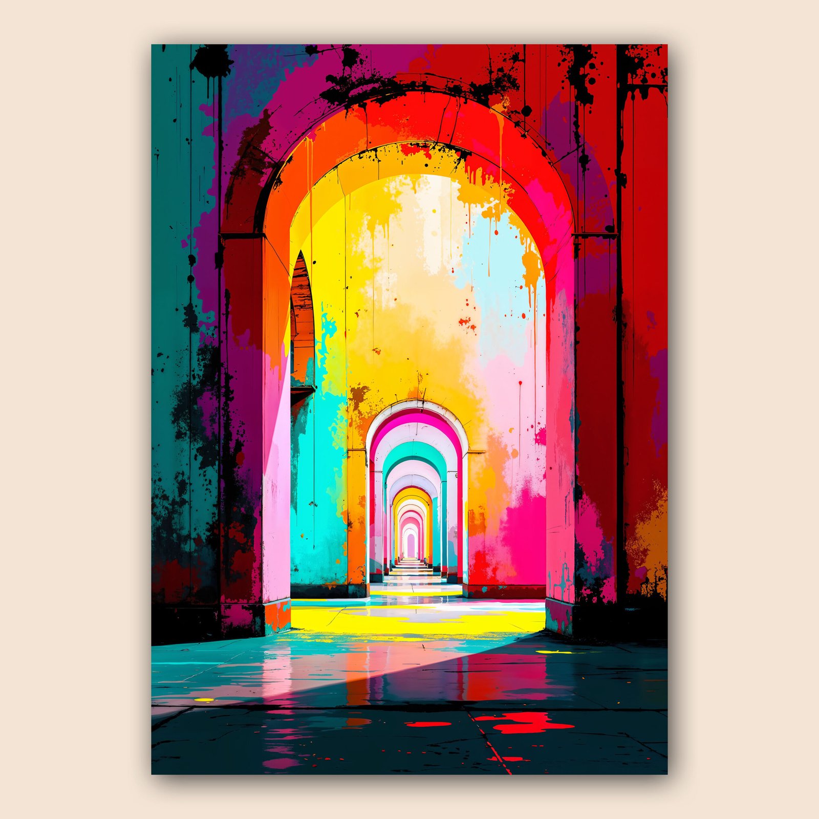 Affiche graphique avec des arches colorées en perspective, dans un couloir pop art aux tons rose, rouge, jaune et turquoise.