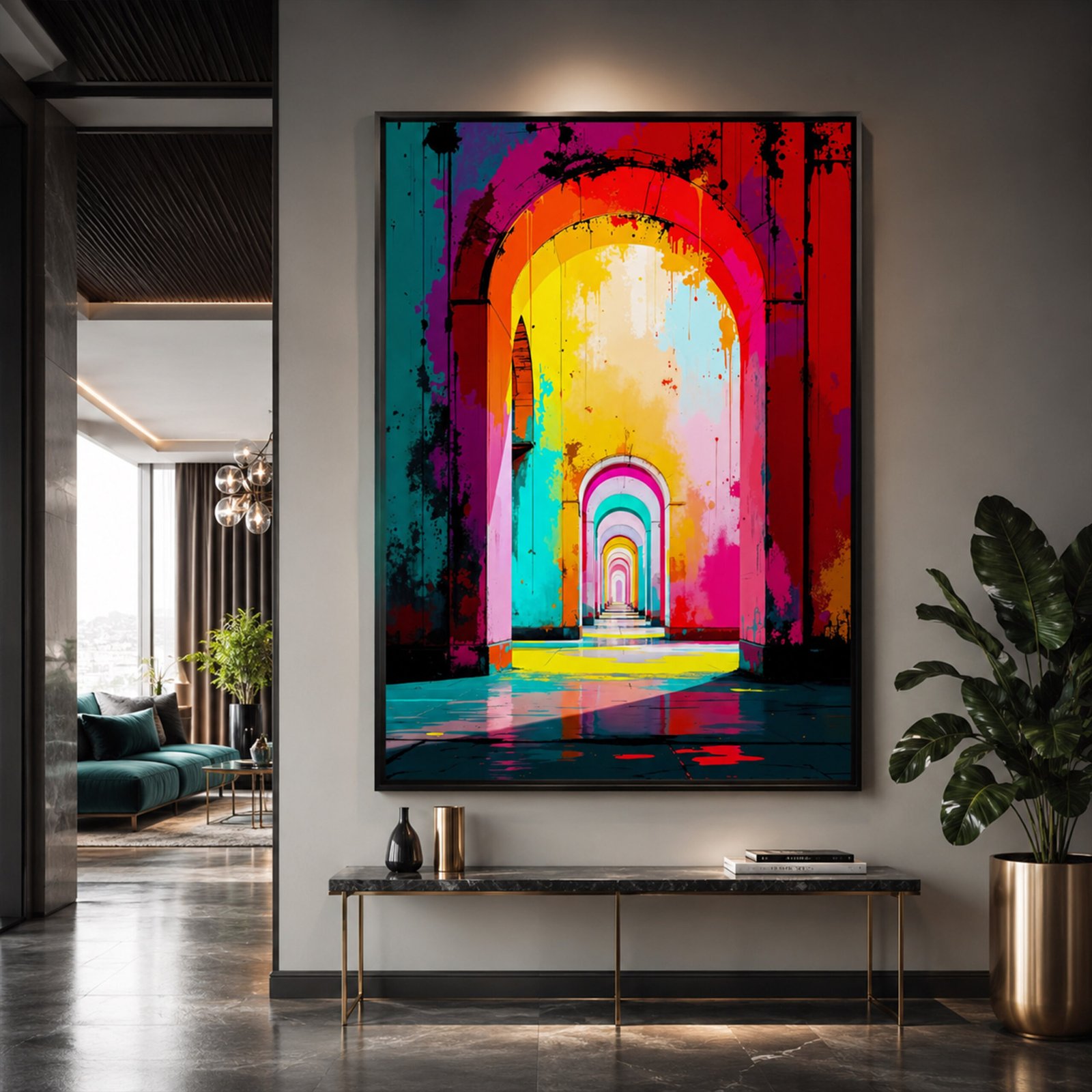 Affiche arches colorées style pop art accrochée dans un intérieur contemporain avec console, plante verte et sol sombre.