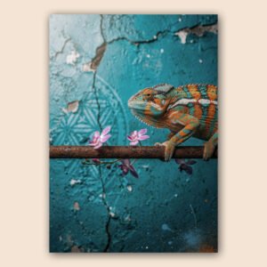 Affiche avec caméléon coloré posé sur une branche, petites fleurs violettes et fond turquoise texturé.