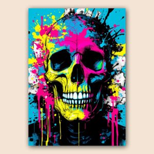 Affiche street art avec crâne pop art coloré, fond turquoise, éclats de peinture rose, jaune et noire.