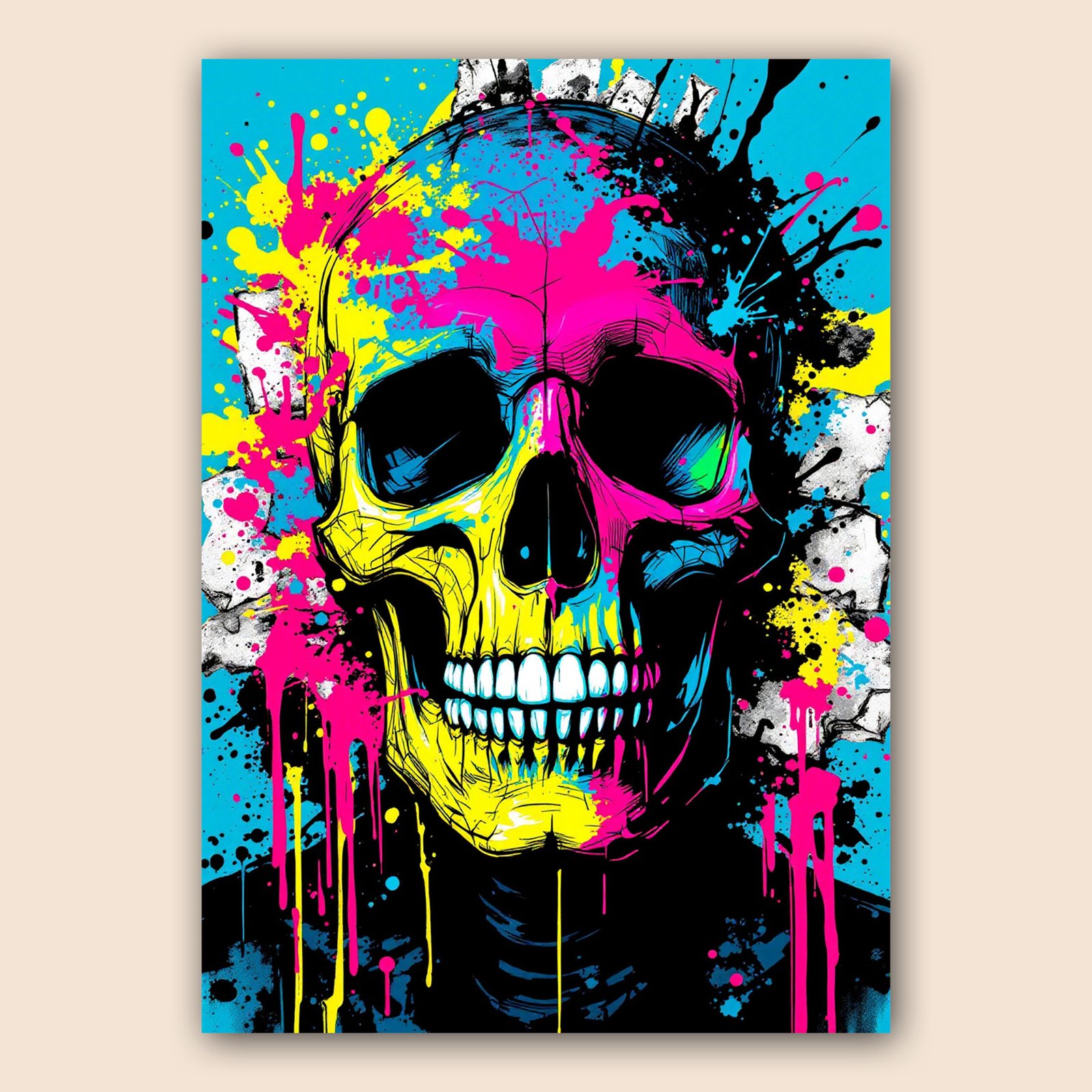 Affiche street art avec crâne pop art coloré, fond turquoise, éclats de peinture rose, jaune et noire.