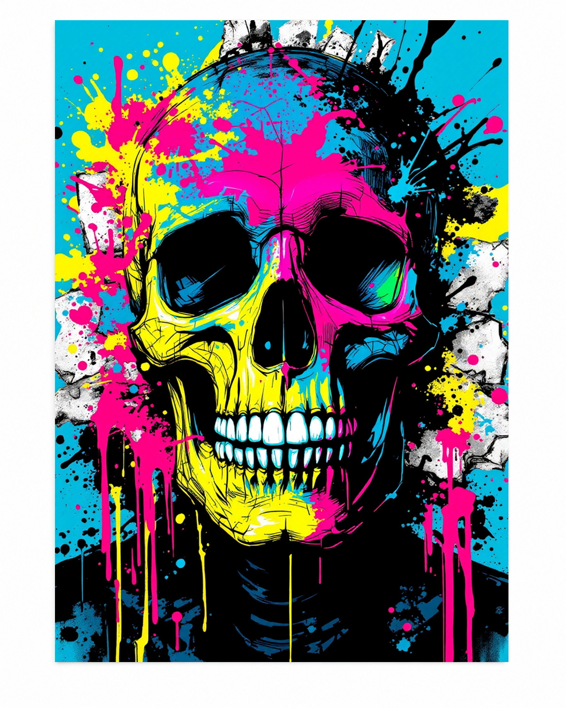 Affiche street art avec crâne pop art coloré, fond turquoise, éclats de peinture rose, jaune et noire.