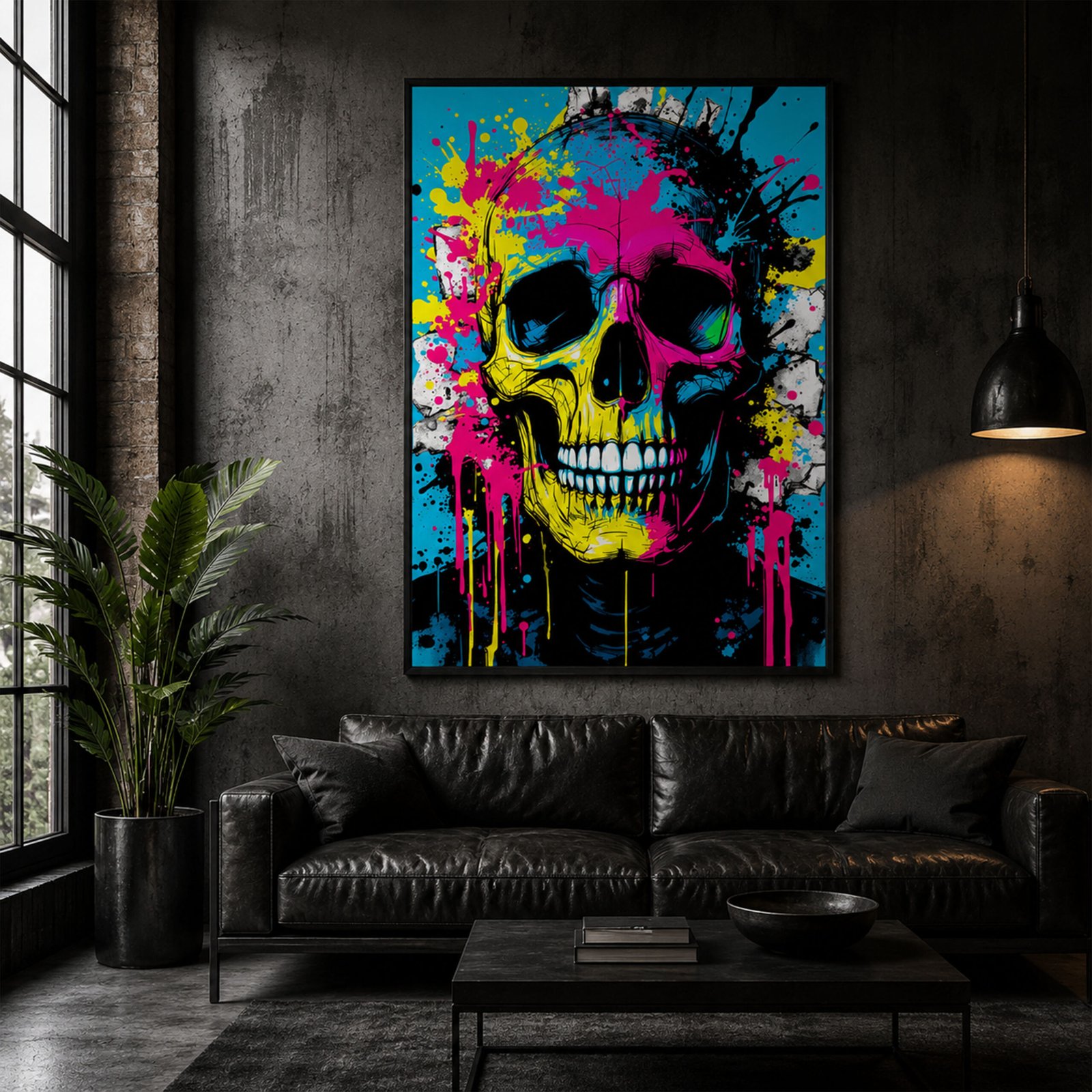 Affiche crâne pop art coloré accrochée dans un salon industriel sombre avec canapé en cuir noir, mur brut, plante verte et lampe suspendue.