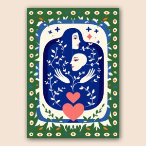 Affiche folk bleue avec deux visages stylisés, mains ouvertes, feuillages blancs, cœurs roses et bordure verte ornée d’yeux.