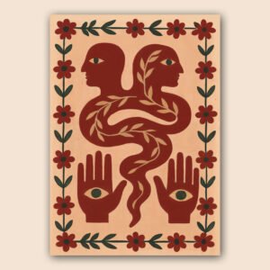 Affiche folk symbolique avec deux visages rouges, serpent feuillu, mains protectrices, yeux et bordure florale sur fond beige.