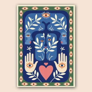 Affiche graphique mystique avec visages stylisés, yeux protecteurs, mains ouvertes, feuillages blancs et cœur rose sur fond bleu et vert.