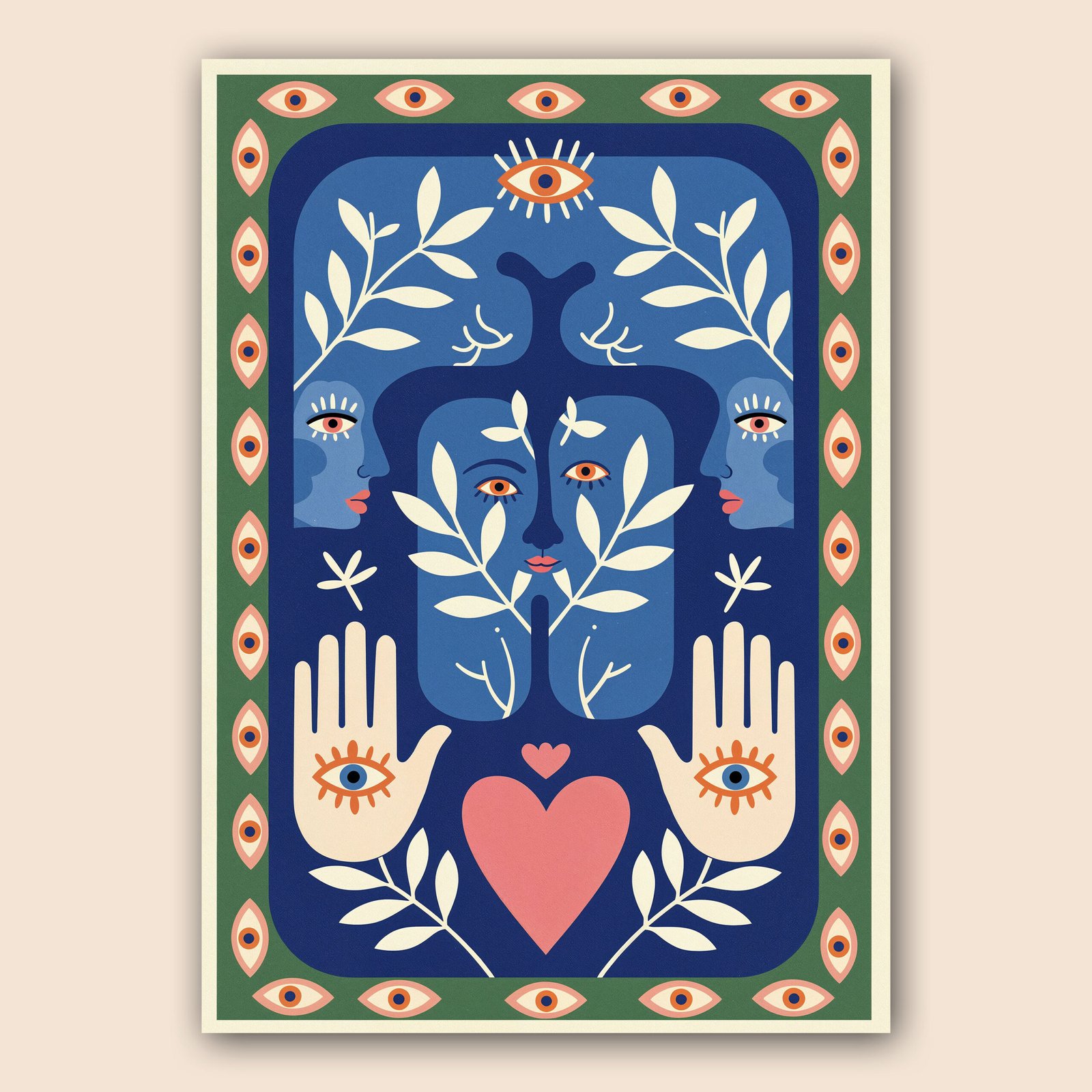 Affiche graphique mystique avec visages stylisés, yeux protecteurs, mains ouvertes, feuillages blancs et cœur rose sur fond bleu et vert.