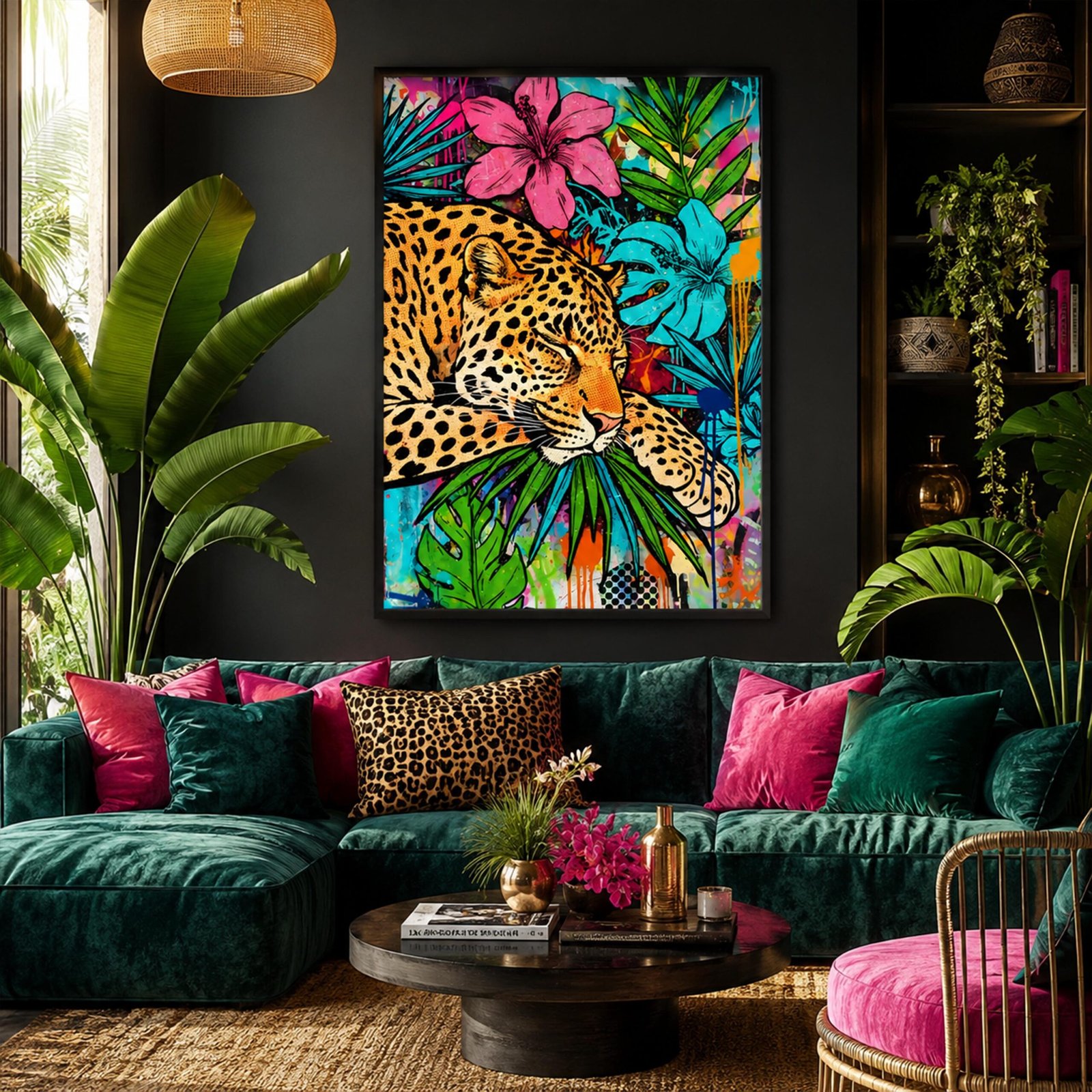 Affiche léopard pop art accrochée dans un salon tropical avec canapé vert, coussins roses, plantes et décoration colorée.
