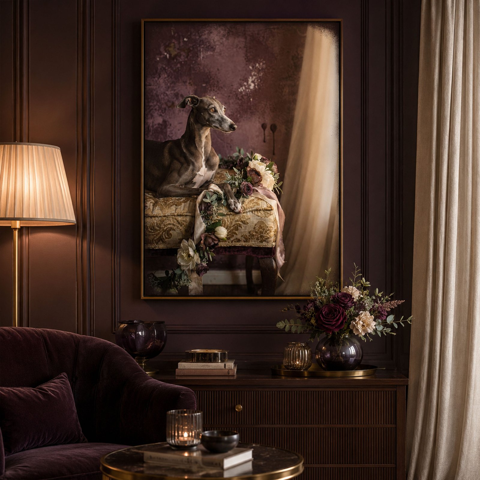 Affiche lévrier gris avec fleurs accrochée dans un salon feutré aux tons prune, avec canapé sombre, lampe chaude et bouquet décoratif.