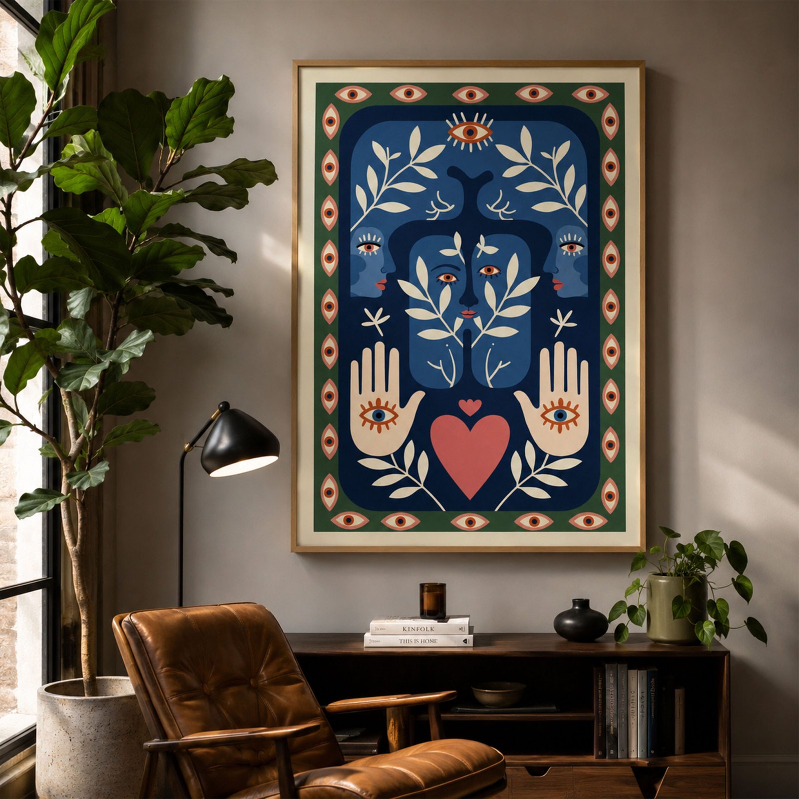 Affiche mystique avec yeux protecteurs, mains ouvertes, feuillages blancs et cœur rose, accrochée dans un salon naturel avec plantes et fauteuil en cuir.