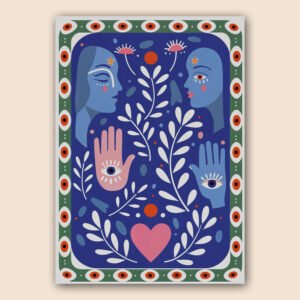Affiche mystique bleue avec deux visages stylisés, yeux protecteurs, mains, feuillages blancs et cœur rose central.